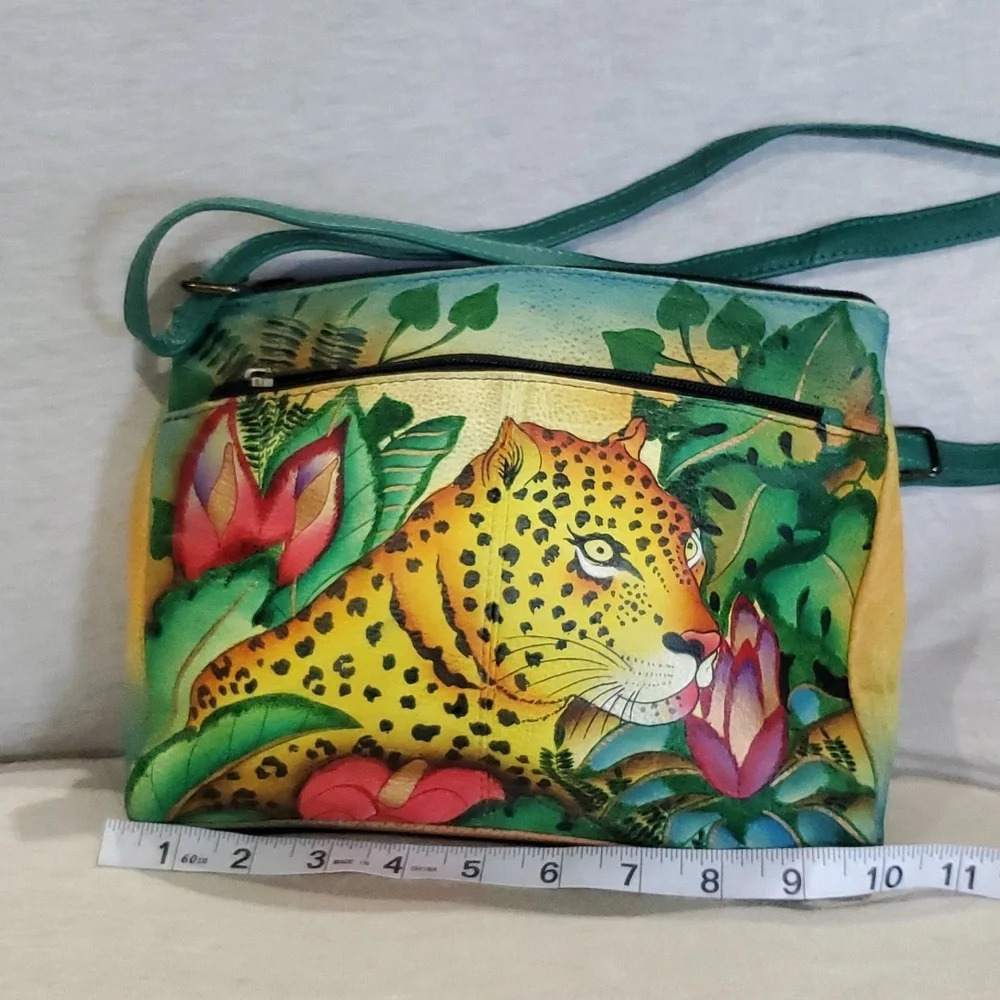 Anuschka Leopard handpainted leather crossbody adjustable 3 pocket bag